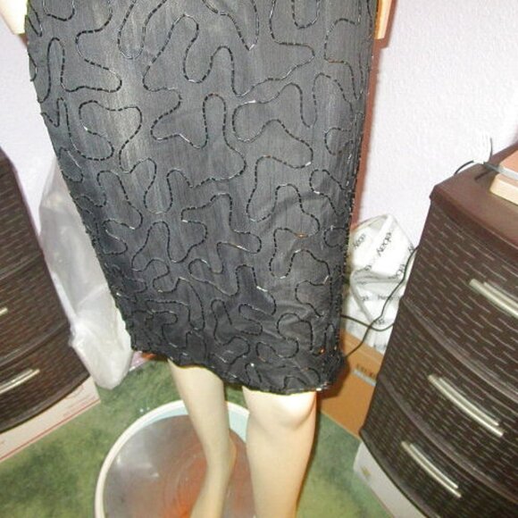 NOS Silk BEADED Sequins Size L DRESS Shimmer V-NECK Black Gold JMC Lined FORMAL - Picture 4 of 12